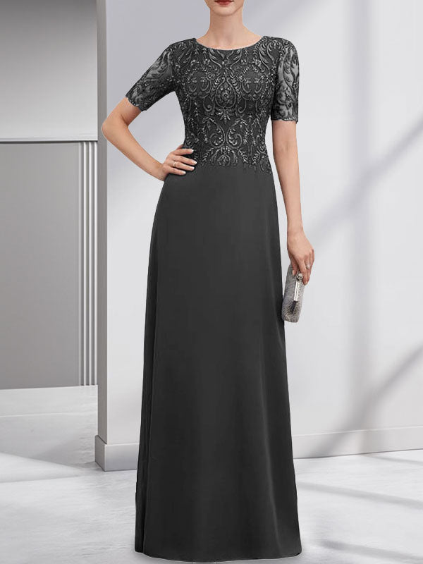 Vestido de gasa con encaje y lentejuelas para madre de la novia, corte A, largo hasta el suelo