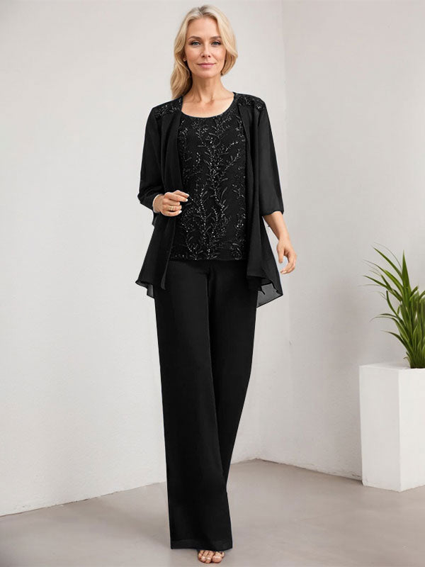 Vestido de madre de la novia de gasa con encaje, largo hasta el suelo, con lentejuelas y mono/pantalón separado