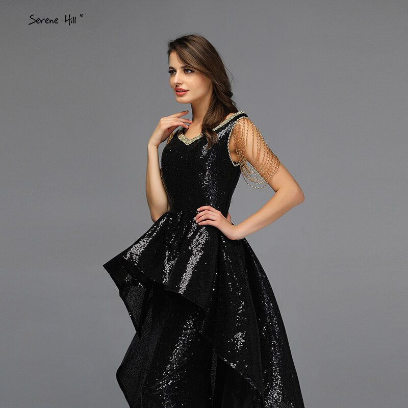 Vestido de noche sexy, sin mangas, asimétrico, negro, con hombros descubiertos y borlas, diseño Dubái, LA60798. 
