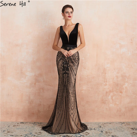 Schwarzes rückenfreies, sexy Meerjungfrau-Abschlussballkleid, Design 2025, V-Ausschnitt, Pailletten, langes Abschlussball-Partykleid LA70288 