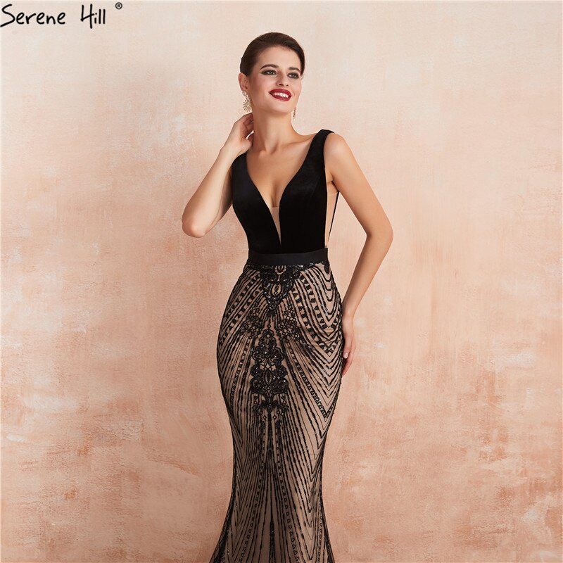 Schwarzes rückenfreies, sexy Meerjungfrau-Abschlussballkleid, Design 2025, V-Ausschnitt, Pailletten, langes Abschlussball-Partykleid LA70288 