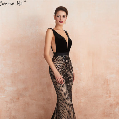 Schwarzes rückenfreies, sexy Meerjungfrau-Abschlussballkleid, Design 2025, V-Ausschnitt, Pailletten, langes Abschlussball-Partykleid LA70288 