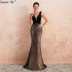 Schwarzes rückenfreies, sexy Meerjungfrau-Abschlussballkleid, Design 2025, V-Ausschnitt, Pailletten, langes Abschlussball-Partykleid LA70288 
