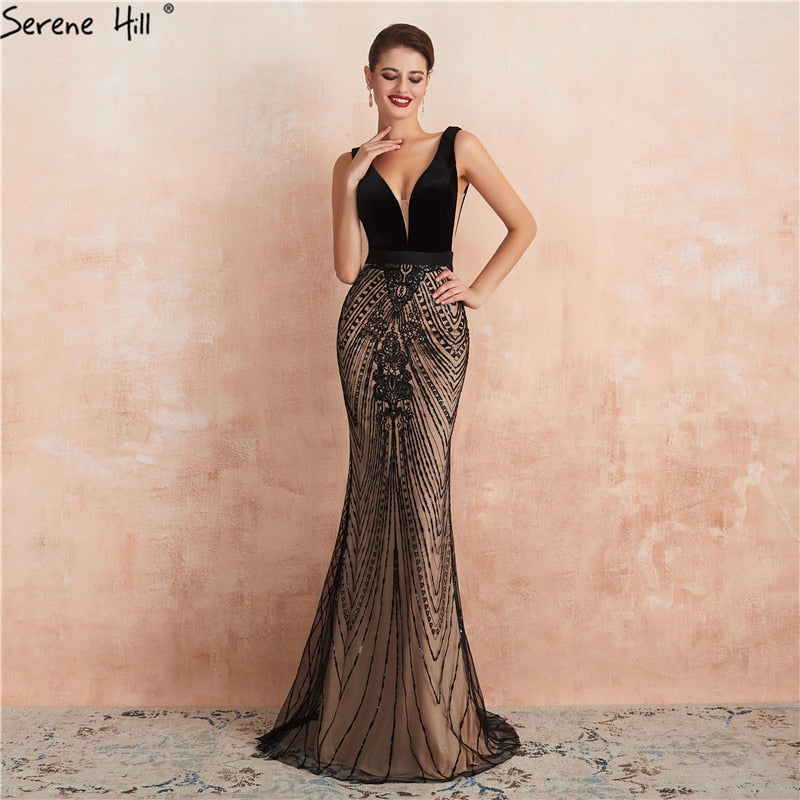Schwarzes rückenfreies, sexy Meerjungfrau-Abschlussballkleid, Design 2025, V-Ausschnitt, Pailletten, langes Abschlussball-Partykleid LA70288 