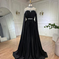 Schwarzes Abendkleid aus Chiffon mit Flügelärmeln und hohem Halsausschnitt im Dubai-Design 2025 LA60718 