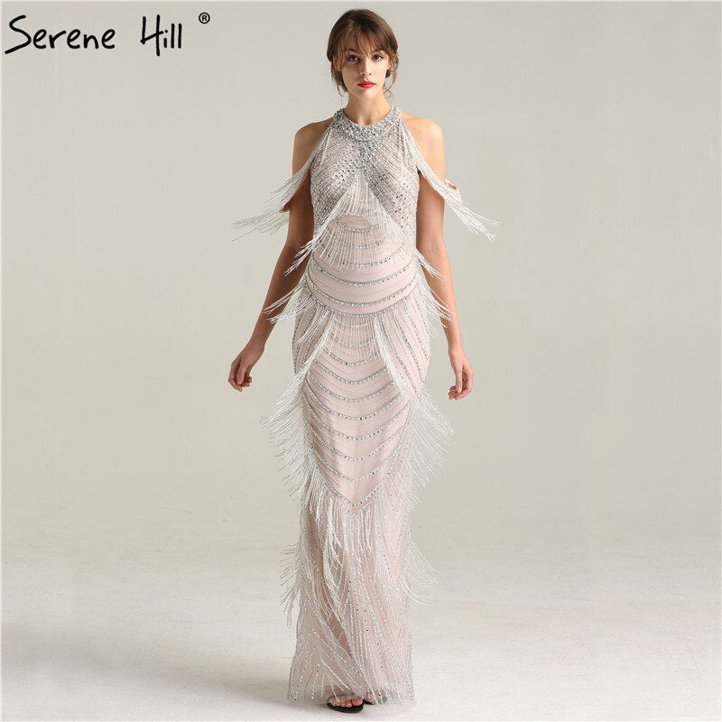 Schwarz Neckholder Backless Sexy Luxus Abendkleider 2025 Quaste Perlen Ärmellose Meerjungfrau Abendkleid LA6229 