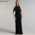 Schwarz Neckholder Backless Sexy Luxus Abendkleider 2025 Quaste Perlen Ärmellose Meerjungfrau Abendkleid LA6229 