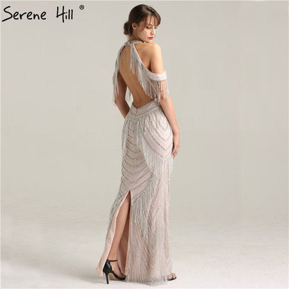 Schwarz Neckholder Backless Sexy Luxus Abendkleider 2025 Quaste Perlen Ärmellose Meerjungfrau Abendkleid LA6229 
