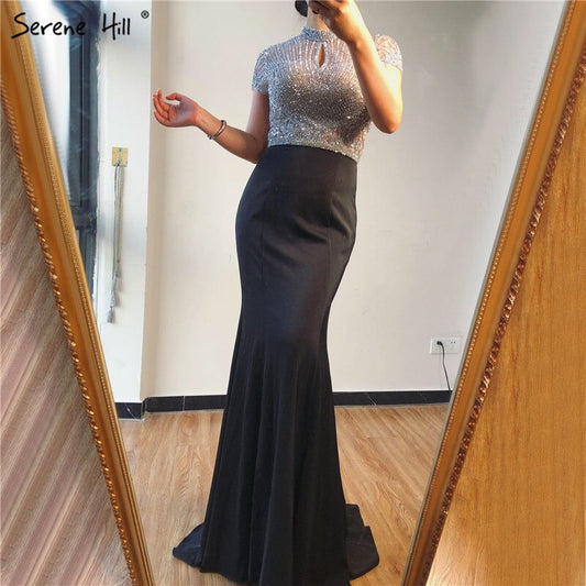 Sale Black High Neck Satin Mermaid Evening Dresses 2025 Beading Crystal Short Sleeves Sexy Evening Gowns LA70162