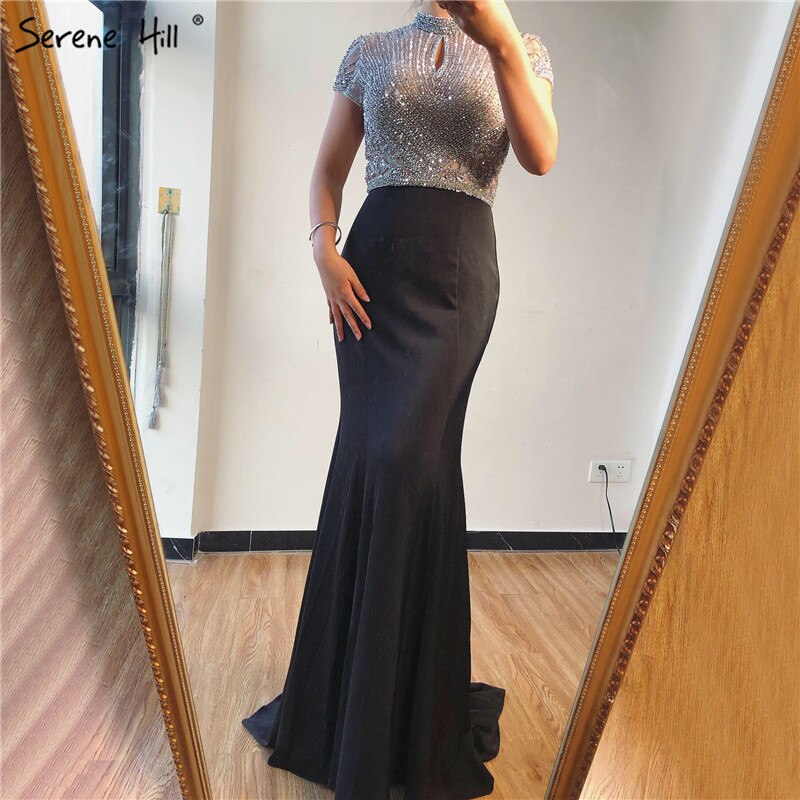Vestidos de noche negros de satén con cuello alto y corte sirena, con cuentas y cristales, mangas cortas, sexys, LA70162 