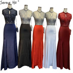 Vestidos de noche negros de satén con cuello alto y corte sirena, con cuentas y cristales, mangas cortas, sexys, LA70162 