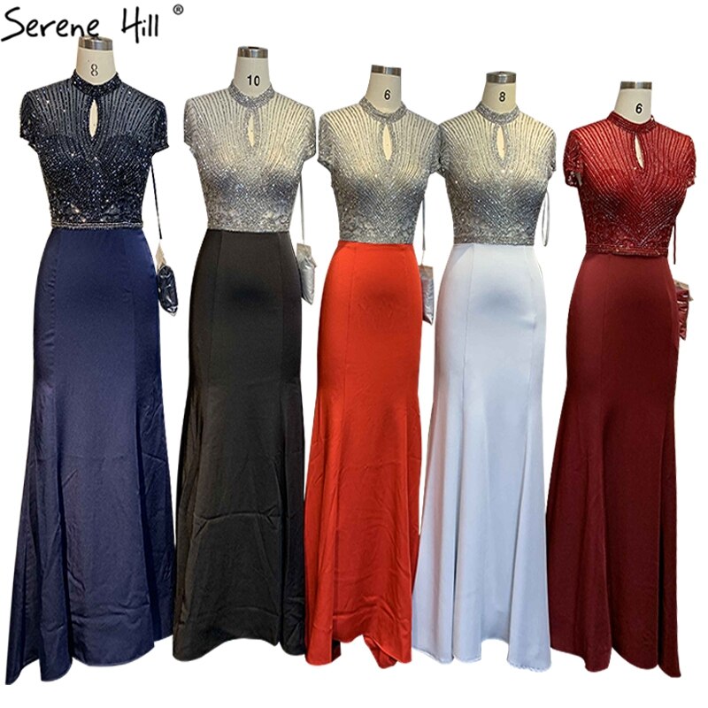 Vestidos de noche negros de satén con cuello alto y corte sirena, con cuentas y cristales, mangas cortas, sexys, LA70162 