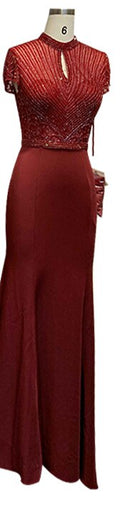 Vestidos de noche negros de satén con cuello alto y corte sirena, con cuentas y cristales, mangas cortas, sexys, LA70162 