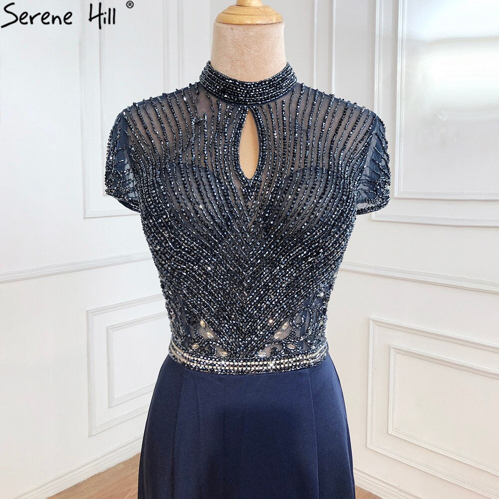Vestidos de noche negros de satén con cuello alto y corte sirena, con cuentas y cristales, mangas cortas, sexys, LA70162 