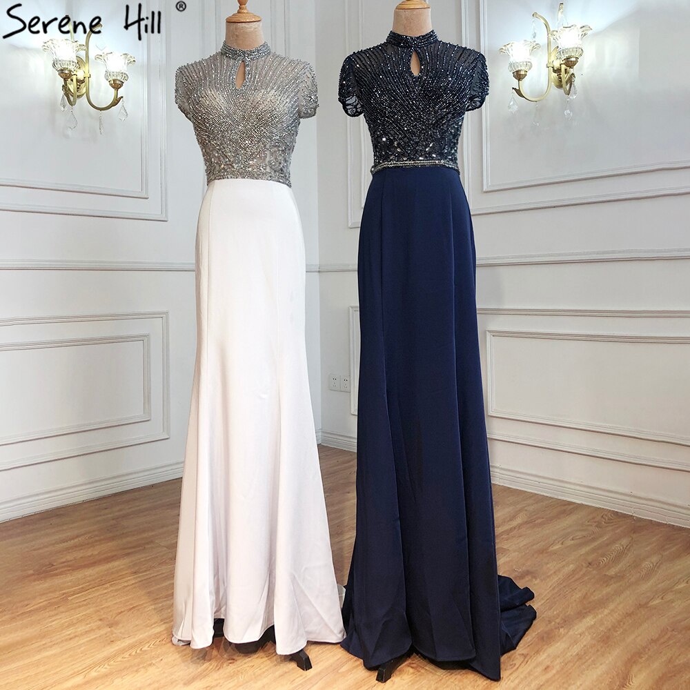 Vestidos de noche negros de satén con cuello alto y corte sirena, con cuentas y cristales, mangas cortas, sexys, LA70162 