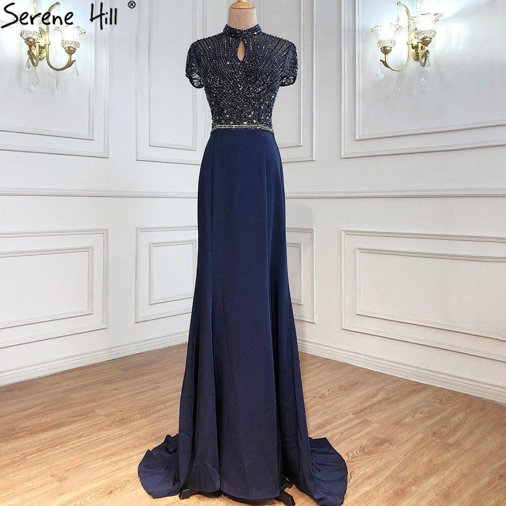 Vestidos de noche negros de satén con cuello alto y corte sirena, con cuentas y cristales, mangas cortas, sexys, LA70162 