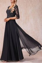 Vestido de madre de la novia de gasa con encaje, escote en V y corte A largo negro con mangas
