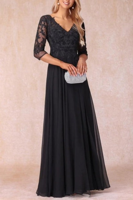 Vestido de madre de la novia de gasa con encaje, escote en V y corte A largo negro con mangas