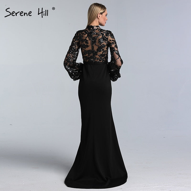Black Long Sleeves Mermaid Design Evening Dresses High Neck Sequined Illusion Formal Gowns 2025 LA60921