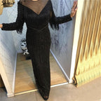 Vestido de noche negro de lujo, sexy, de corte sirena, ajustado, con borlas y mangas largas, en oferta, sin devoluciones ni reembolsos, LA60716