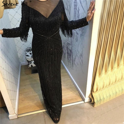 Vestido de noche negro de lujo, sexy, de corte sirena, ajustado, con borlas y mangas largas, en oferta, sin devoluciones ni reembolsos, LA60716