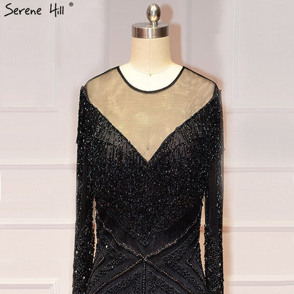 Vestido de noche negro de lujo, sexy, de corte sirena, ajustado, con borlas y mangas largas, en oferta, sin devoluciones ni reembolsos, LA60716