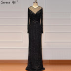 Vestido de noche negro de lujo, sexy, de corte sirena, ajustado, con borlas y mangas largas, en oferta, sin devoluciones ni reembolsos, LA60716