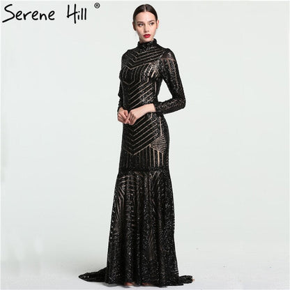 Sale Black Mermaid High Neck Luxury Evening Dresses Sequined Long Sleeves Formal Evening Gowns 2025 LA6090
