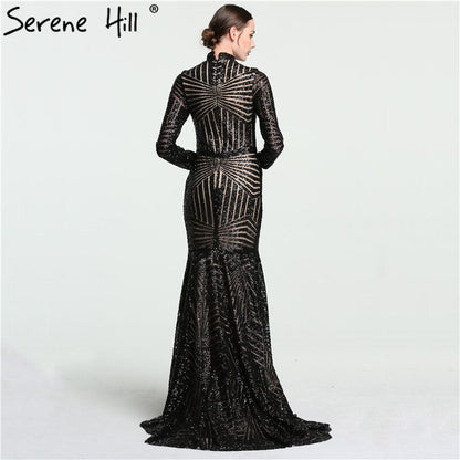 Sale Black Mermaid High Neck Luxury Evening Dresses Sequined Long Sleeves Formal Evening Gowns 2025 LA6090