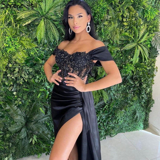 Vestido de noche negro de corte sirena con abertura alta, satén con cuentas, elegante y sexy, para mujer, fiesta, LA71412 