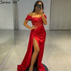 Schwarze Meerjungfrau High Split Abendkleider Kleider 2025 Satin Perlen Elegante Sexy Für Frauen Party LA71412 