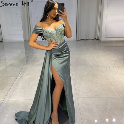 Vestido de noche negro de corte sirena con abertura alta, satén con cuentas, elegante y sexy, para mujer, fiesta, LA71412 