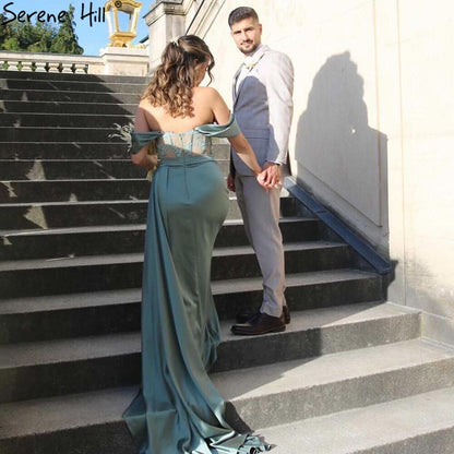 Vestido de noche negro de corte sirena con abertura alta, satén con cuentas, elegante y sexy, para mujer, fiesta, LA71412 