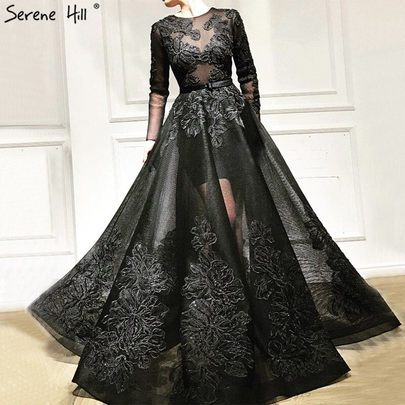 Vestidos de noche negros con escote redondo y flores hechas a mano, 2025, mangas largas, perspectiva, sexys, LA60837 