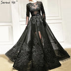 Vestidos de noche negros con escote redondo y flores hechas a mano, 2025, mangas largas, perspectiva, sexys, LA60837 