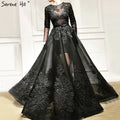 Vestidos de noche negros con escote redondo y flores hechas a mano, 2025, mangas largas, perspectiva, sexys, LA60837 