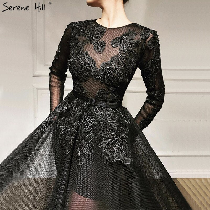Vestidos de noche negros con escote redondo y flores hechas a mano, 2025, mangas largas, perspectiva, sexys, LA60837 