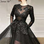 Vestidos de noche negros con escote redondo y flores hechas a mano, 2025, mangas largas, perspectiva, sexys, LA60837 