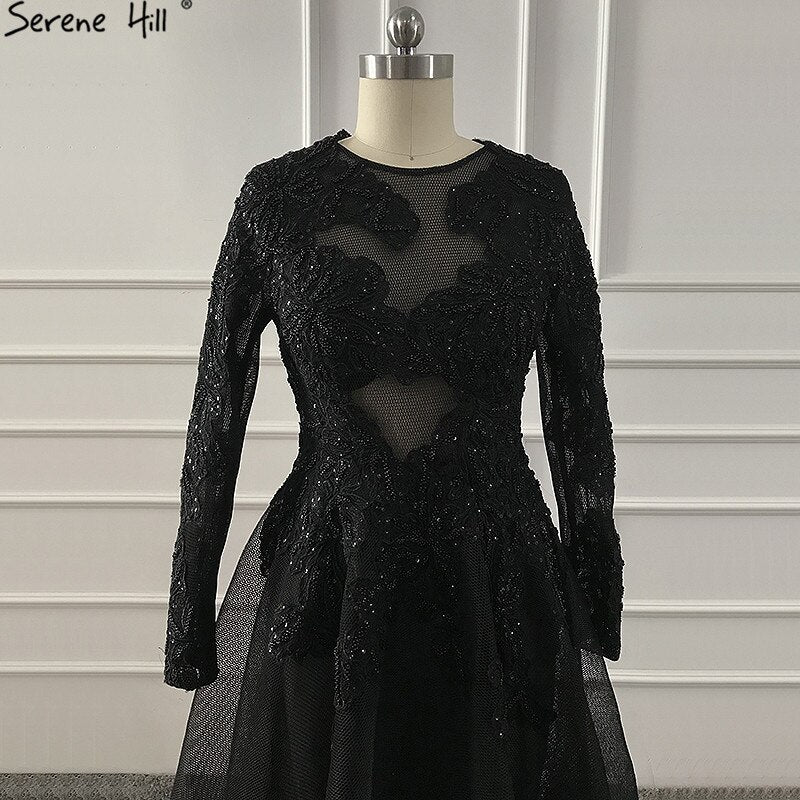 Vestidos de noche negros con escote redondo y flores hechas a mano, 2025, mangas largas, perspectiva, sexys, LA60837 