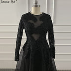 Vestidos de noche negros con escote redondo y flores hechas a mano, 2025, mangas largas, perspectiva, sexys, LA60837 