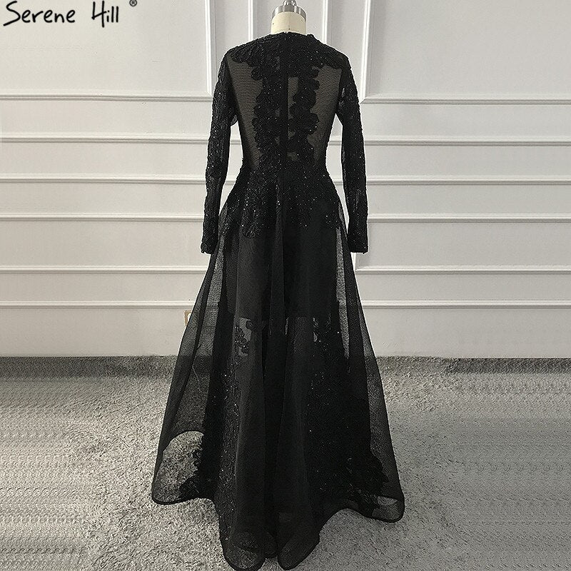 Vestidos de noche negros con escote redondo y flores hechas a mano, 2025, mangas largas, perspectiva, sexys, LA60837 
