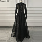 Vestidos de noche negros con escote redondo y flores hechas a mano, 2025, mangas largas, perspectiva, sexys, LA60837 
