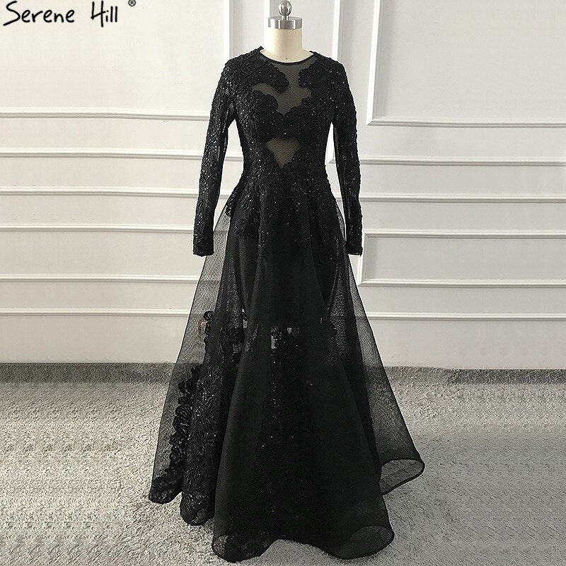 Vestidos de noche negros con escote redondo y flores hechas a mano, 2025, mangas largas, perspectiva, sexys, LA60837 