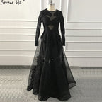 Vestidos de noche negros con escote redondo y flores hechas a mano, 2025, mangas largas, perspectiva, sexys, LA60837 