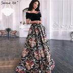 Verkauf Schwarz Off Schulter 3D Blumen Abendkleider 2025 Kurzarm A-linie Sexy Formale Kleid LA70016 