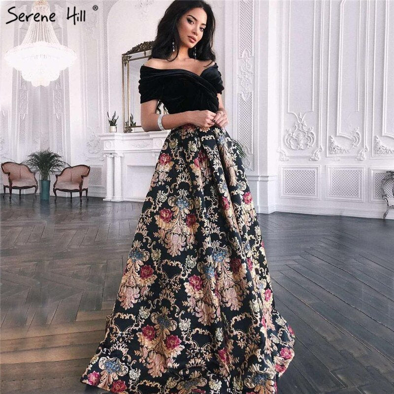 Verkauf Schwarz Off Schulter 3D Blumen Abendkleider 2025 Kurzarm A-linie Sexy Formale Kleid LA70016 