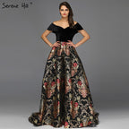 Verkauf Schwarz Off Schulter 3D Blumen Abendkleider 2025 Kurzarm A-linie Sexy Formale Kleid LA70016 