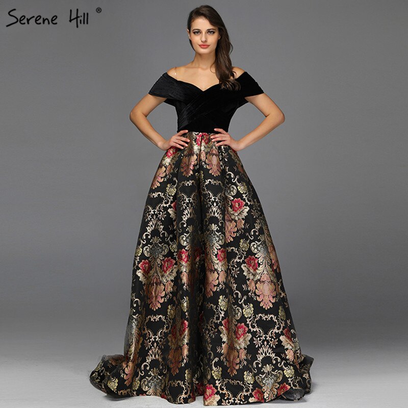 Verkauf Schwarz Off Schulter 3D Blumen Abendkleider 2025 Kurzarm A-linie Sexy Formale Kleid LA70016 