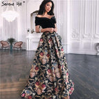 Verkauf Schwarz Off Schulter 3D Blumen Abendkleider 2025 Kurzarm A-linie Sexy Formale Kleid LA70016 