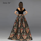 Verkauf Schwarz Off Schulter 3D Blumen Abendkleider 2025 Kurzarm A-linie Sexy Formale Kleid LA70016 